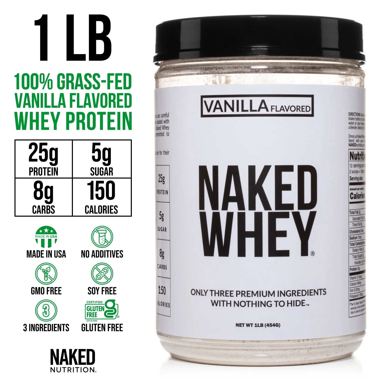 Vanilla Whey Protein 1Lb, Only 3 Ingredients, All Natural Grass Fed Whey Protein Powder + Vanilla + Coconut Sugar- Gmo-Free, Soy Free, Gluten Free. Aid Muscle Growth, 12 Servings