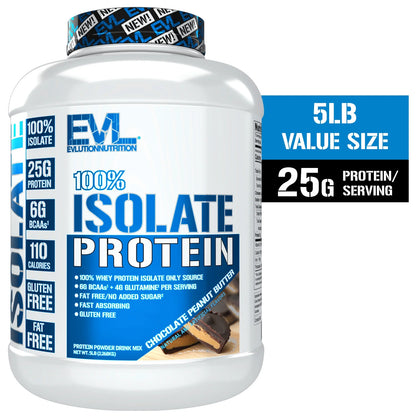 Whey Protein Powder 100% Isolate 25G -  Whey Isolate Protein Powder 5 LB - No Sugar Added, Low Carb Gluten Free - EVL Fast Absorbing Chocolate Peanut Butter Protein Powder with BCAA