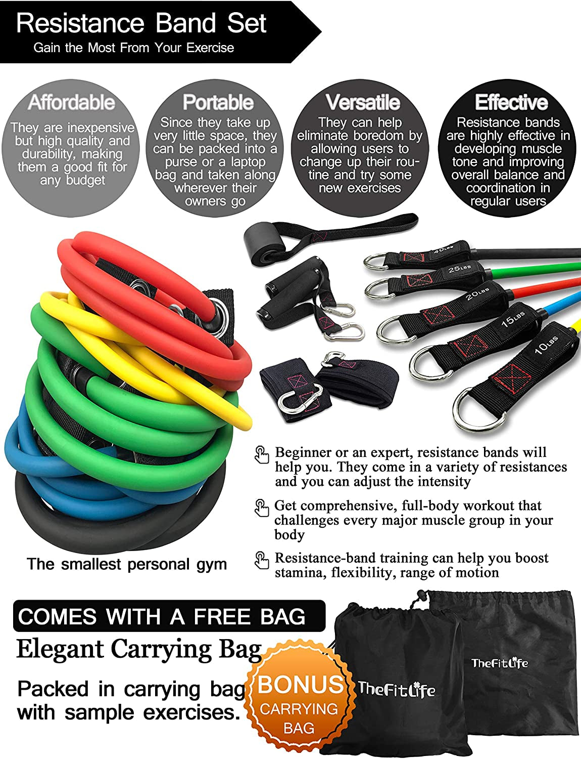 Exercise Resistance Bands with Handles - 5 Fitness Workout Bands Stackable up to 110/150/200/250/300 Lbs, Training Tubes with Large Handles, Ankle Straps, Door Anchor, Carry Bag