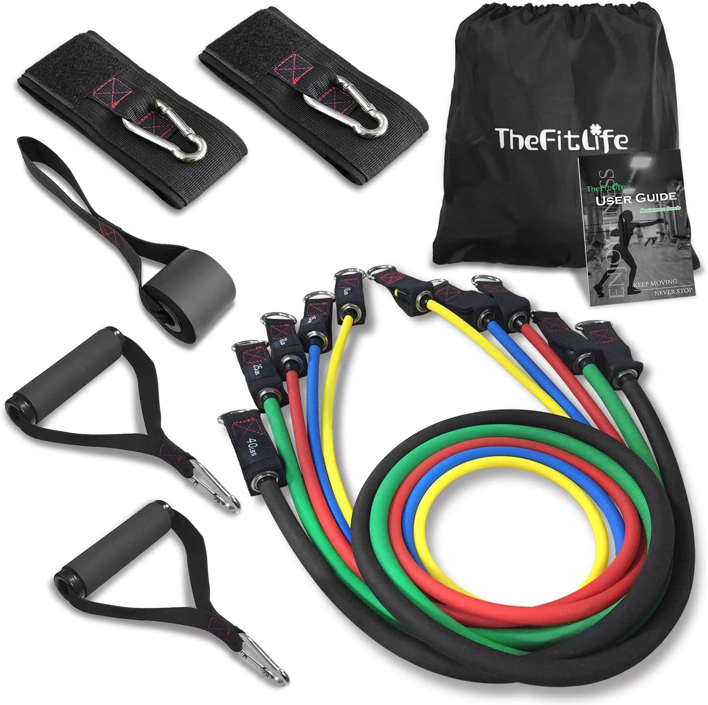 Exercise Resistance Bands with Handles - 5 Fitness Workout Bands Stackable up to 110/150/200/250/300 Lbs, Training Tubes with Large Handles, Ankle Straps, Door Anchor, Carry Bag