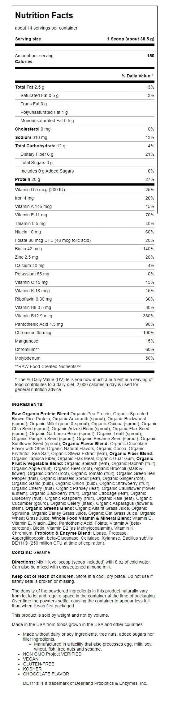 Raw Organic Meal Powder, Chocolate Cacao, 20G Protein, 1.1Lb, 17.9Oz