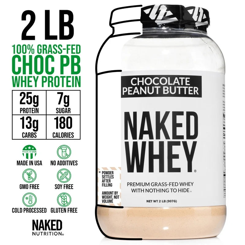 Naked Chocolate Peanut Butter Grass Fed Whey, 25G Protein, Nothing Artificial, 2LB - 21 Servings